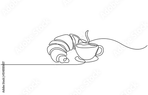 Breakfast with croissant and coffee drawn in one line style, One continuous line drawing croissant with coffee mug. Breakfast in simple linear style. Pastry Croissant. Vector illustration