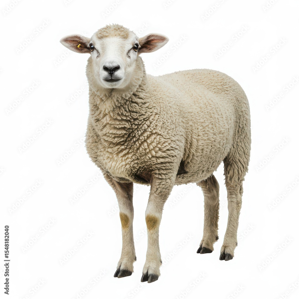 Sheep standing on white background, showcasing its fluffy wool coat and gentle expression, representing farm life and animal husbandry in a serene environment Sheep standing on white background, showcasing its fluffy wool coat and gentle expression, representing farm life and animal husbandry in a serene environment
