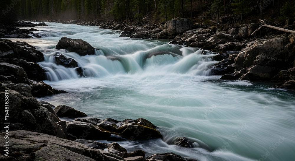 Fototapeta premium Cascading Water Flows Smoothly Down a Rocky River in Remote Wilderness