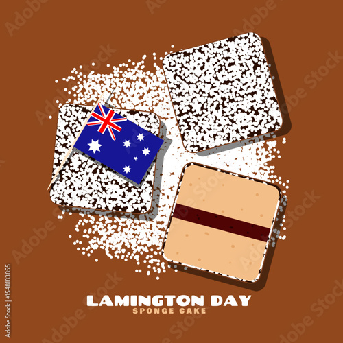 National Lamington Day to celebrate on July 21st. Lamington cake coated in chocolate and covered with coconut shavings and Australian flag on brown background. Food event banner