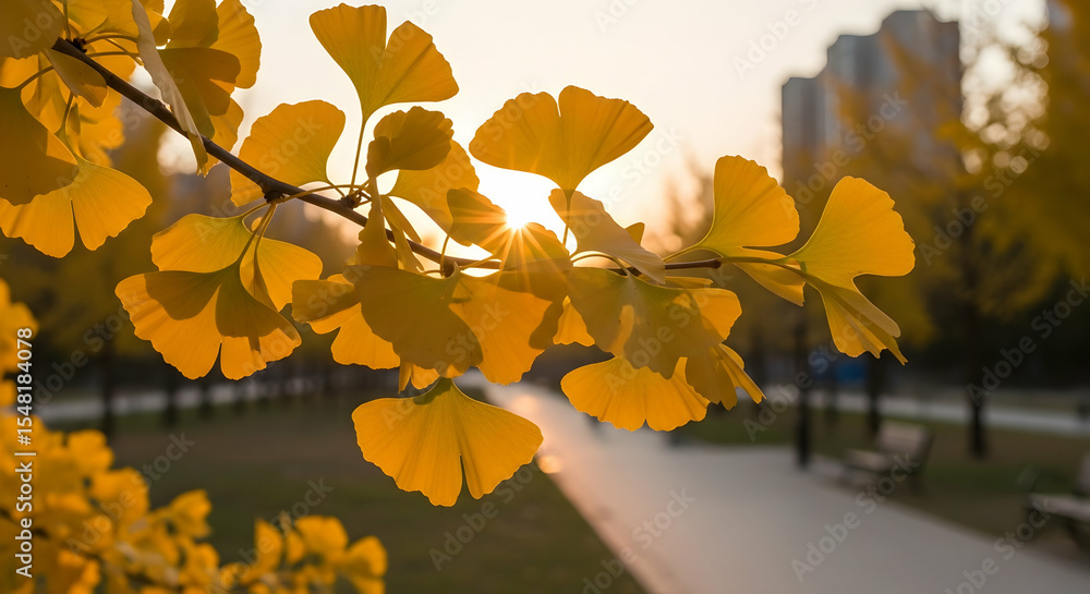 Obraz premium Golden Ginkgo Leaves Illuminated by Sunset in Urban Park Scenery