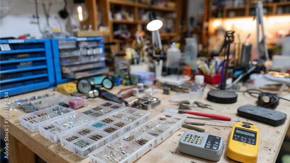 Fototapeta premium A neat workbench with small labeled trays of electronic parts like transistors, LEDs, and ICs, surrounded by precision tools, magnifying glass, and a digital multimeter, all set in a workshop.