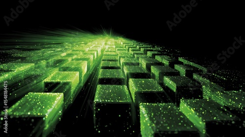 Abstract visual of glowing blocks representing business progress and final goal completion in bright green .
