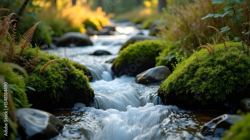 a rocky mountain stream flowing through moss-covered stones, clear water rushing between them, surrounded by ferns and damp earth -
