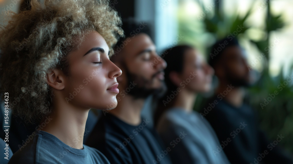 Diverse employees practicing eye relaxation techniques for stress relief in a modern office setting Diverse employees practicing eye relaxation techniques for stress relief in a modern office setting