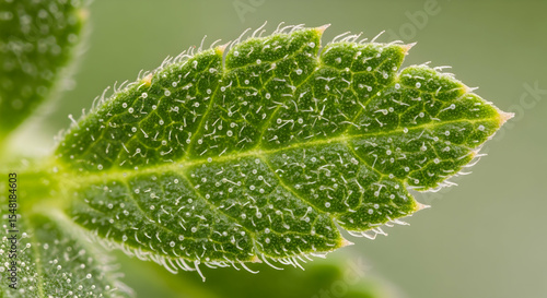 Detailed Close Up Of A Fresh Vibrant Green Leaf With Hairy Texture