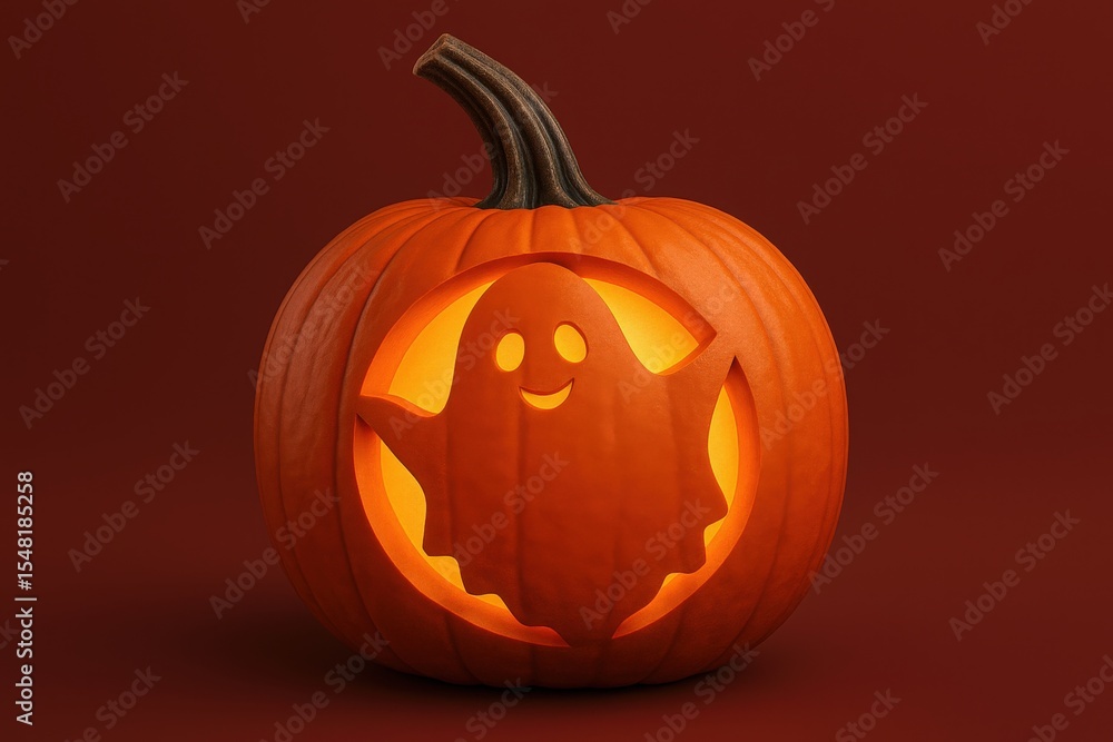 Ghost Pumpkin: A Halloween Carving with Ghost Shape and Glowing Light on Brown Background for Spooky Season Ghost Pumpkin: A Halloween Carving with Ghost Shape and Glowing Light on Brown Background for Spooky Season