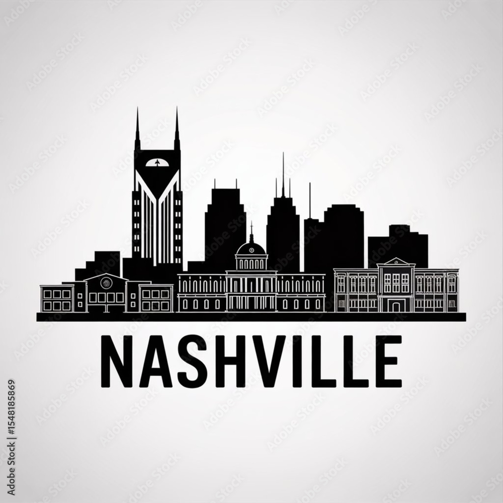 Naklejka premium Nashville Skyline Silhouette — Iconic Music City Vector Illustration