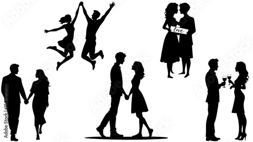 Stylish Silhouette Vector Set of Love Couples - Jumping, Toasting and Romantic Poses