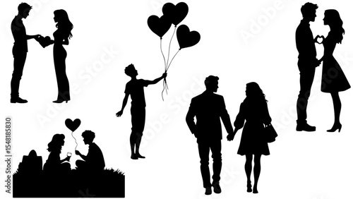 Stylish Silhouette Vector Set of Love Couples - Sitting, Toasting and Romantic Celebrations