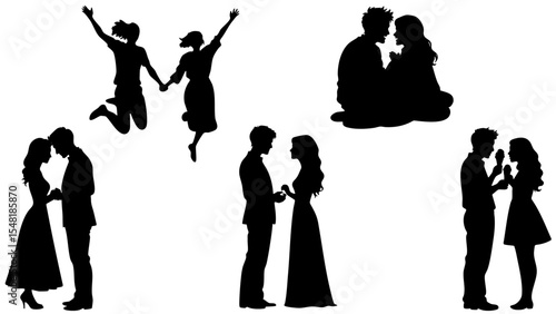 Stylish Silhouette Vector Set of Love Couples - Sitting, Laughing and Romantic Poses