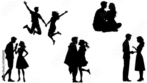 Stylish Silhouette Vector Set of Love Couples - Hugging, Dancing and Romantic Activities