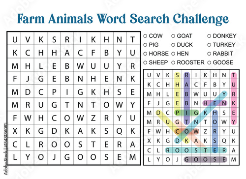 Farm Animals Word Search Puzzle Challenge with Answer Key Included