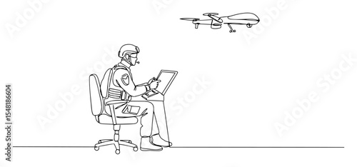remote warfare operator controlling drone with laptop – outline vector illustration