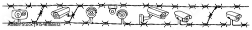 barbed wire with surveillance cameras – outline vector illustration