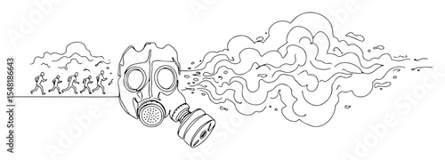 gas mask and people escaping toxic cloud – outline war illustration