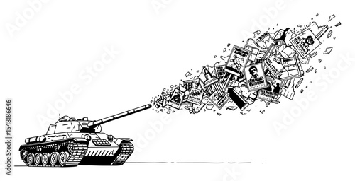 tank shooting digital media – propaganda warfare concept in outline style