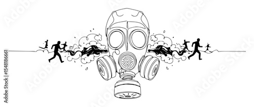 gas mask with people running from toxic cloud – outline war concept