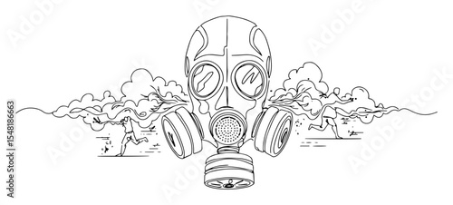 gas mask and explosions in toxic landscape – outline vector illustration