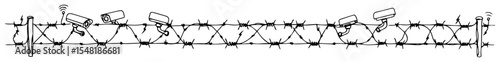 barbed wire with classic surveillance cameras – outline vector