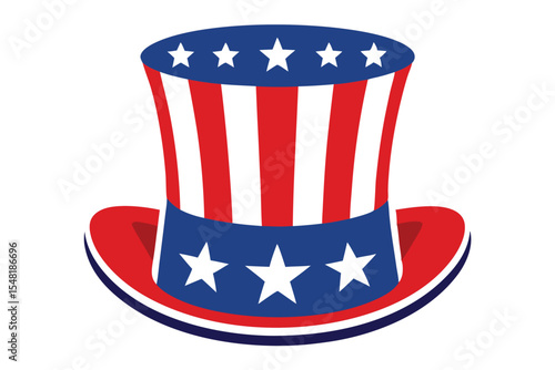 Fourth of July Independence Day vector illustration with USA flag, Uncle Sam hat, and patriotic stars representing national freedom