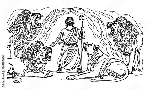 daniel in lions’ den – biblical scene in outline style