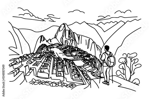 tourist overlooking machu picchu ruins – outline travel illustration