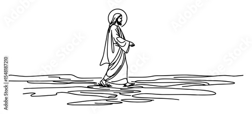 jesus walking on water – monoline thin line miracle sketch