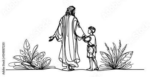 jesus holding child’s hand – monoline lineart symbol of care