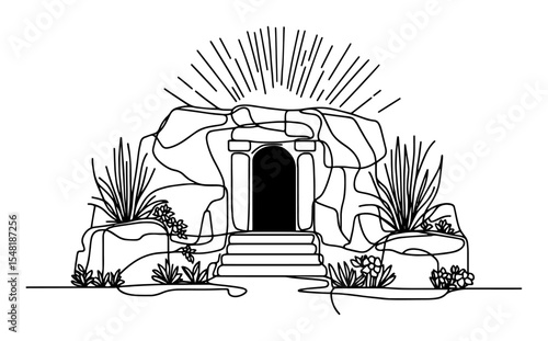 resurrection tomb with light rays – monoline outline scene