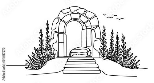 stone tomb with open entrance – sketch religious vector