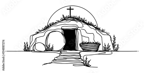 stone tomb with cross – resurrection monoline lineart