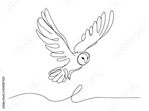 owl flying at night – monoline thin line bird sketch
