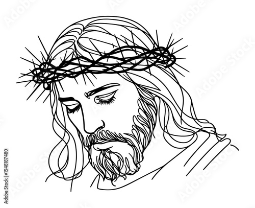 jesus with crown of thorns – sorrowful lineart portrait