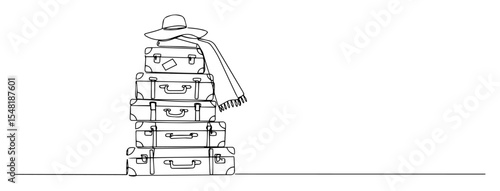 stack of suitcases with hat and scarf – travel gear monoline sketch
