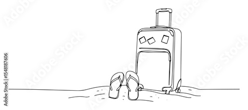 beach suitcase with flip-flops – summer travel monoline vector