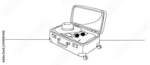 open suitcase with summer accessories – travel monoline vector