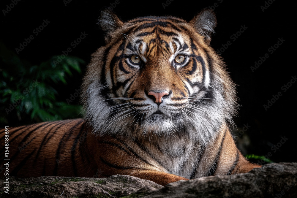 Fototapeta premium Majestic bengal tiger lying on rock with dark emerald green background