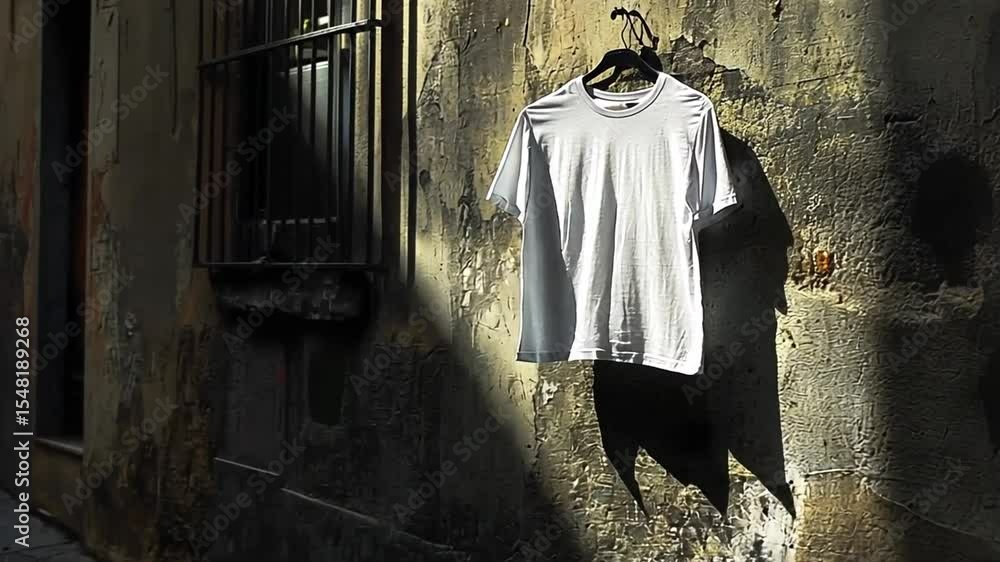 White t-shirt hanging on a wall in a narrow alleyway White t-shirt hanging on a wall in a narrow alleyway