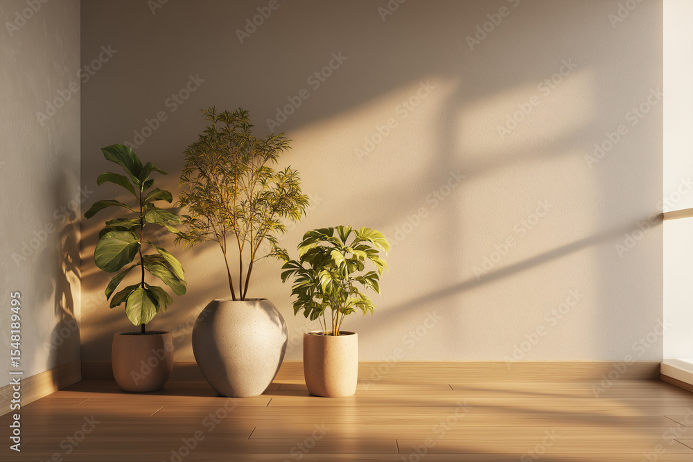 Fototapeta premium Minimalist interior with plants and warm light, quiet lifestyle concept.