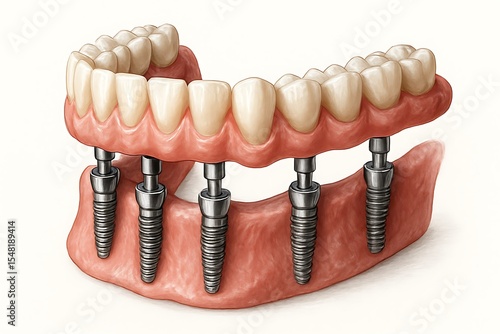 All on 6 Mandibular Prosthesis Illustration with Detailed Dental Implants