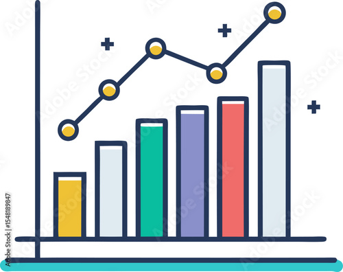 A 3D business bar chart with an upward arrow illustrates financial growth and market success