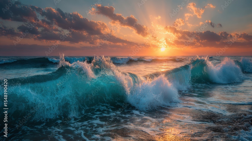 Fototapeta premium Golden sunlight breaks through clouds, illuminating rolling waves at dawn. Gentle surf crashes along the sandy beach, creating a peaceful marine ambiance.