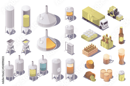 Brewery factory 3d isometric set. Collection isolated flat elements of fermentation, distillery and other machinery, beer industry production, bottles, truck distribution, more. Vector illustration.