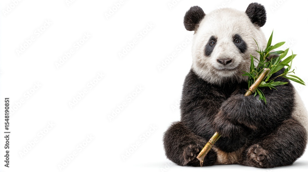 Obraz premium A panda cub sitting and holding bamboo