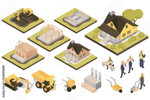 House building 3d isometric set. Collection isolated flat elements of excavator digging, foundation, pouring, frame, walls, builders, boards, concrete, piles, machinery, more. Vector illustration.