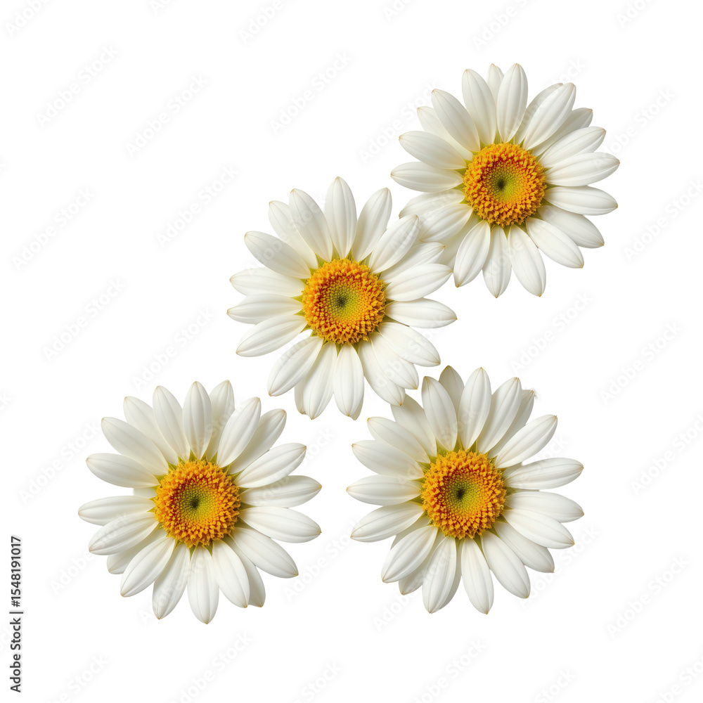 Obraz premium Bright White Daisies with Yellow Centers on a Transparent Background for Floral Design and Nature Themes