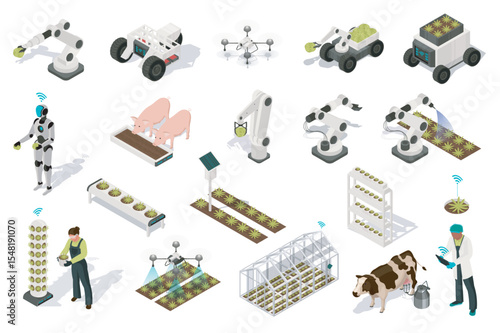 Smart farm 3d isometric set. Collection isolated flat elements of robotic arm manipulation, gardening machinery, drone, harvesting, ai robot, watering, vertical greenhouse, more. Vector illustration.