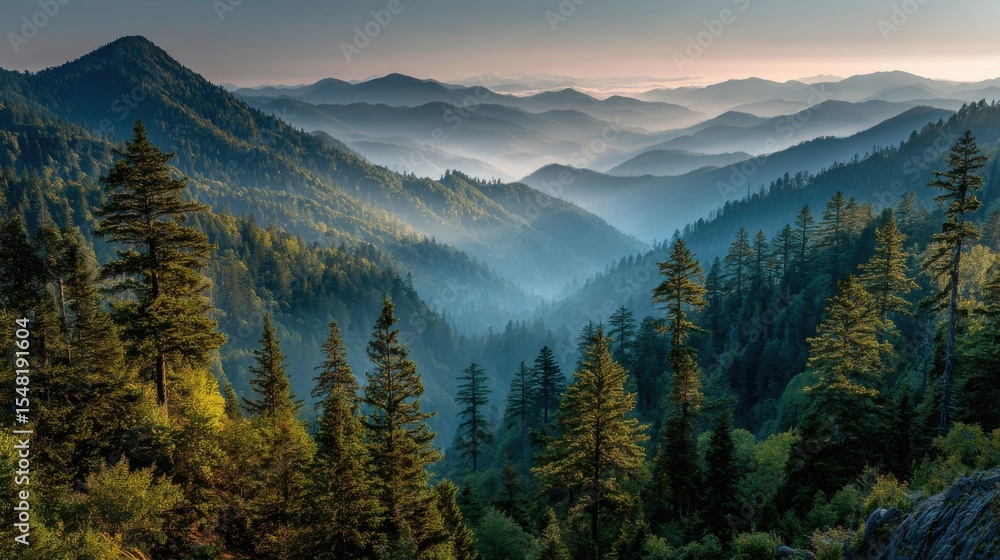 Fototapeta premium Early morning light breaks over a lush mountain range, casting a warm glow on misty valleys filled with evergreen trees. Shadows dance across rolling hills creating a serene atmosphere.
