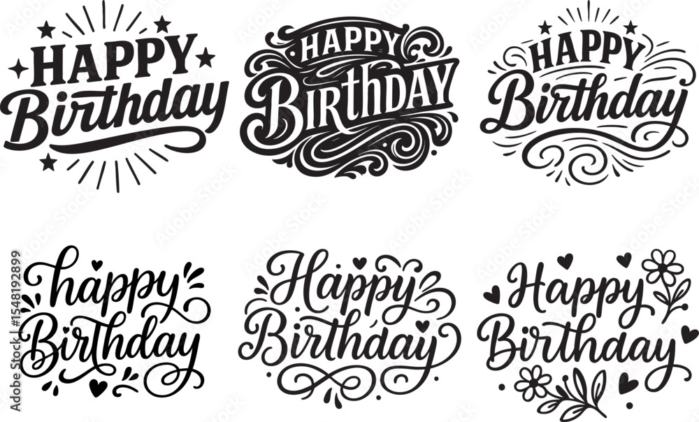 Happy Birthday Lettering Bundle – 6 Black Handwritten Vector Designs with Decorative Elements Happy Birthday Lettering Bundle – 6 Black Handwritten Vector Designs with Decorative Elements